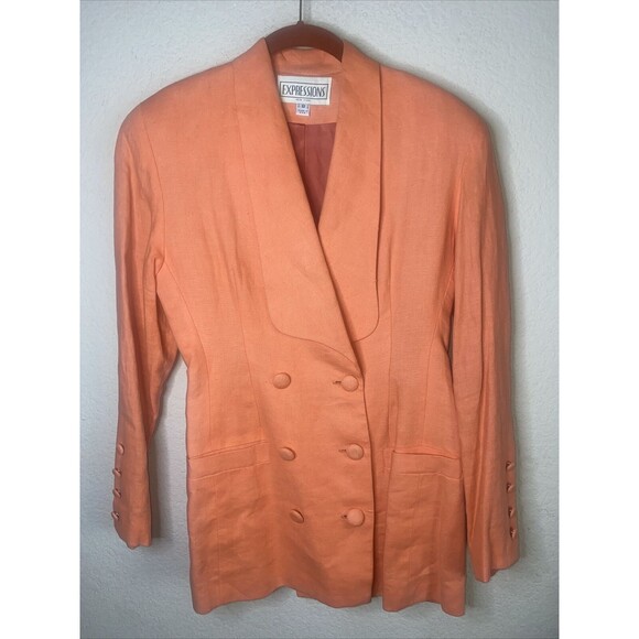 Vintage 100% Linen Coral Blazer Jacket Double 8 USA office career work - Picture 1 of 11